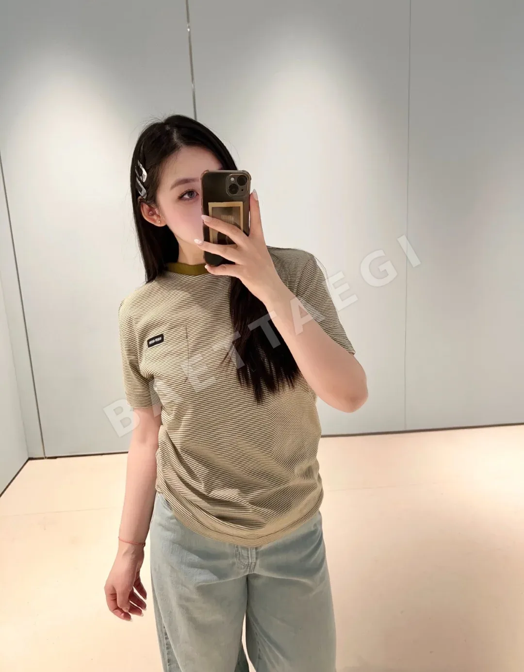 미우미우 옐로우그린 스트라이프 반팔 티셔츠 상세 이미지 3
