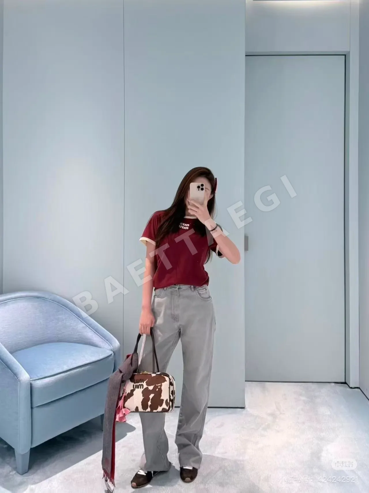 미우미우 컬러 블록 크루넥 코튼 반팔티셔츠 상세 이미지 4