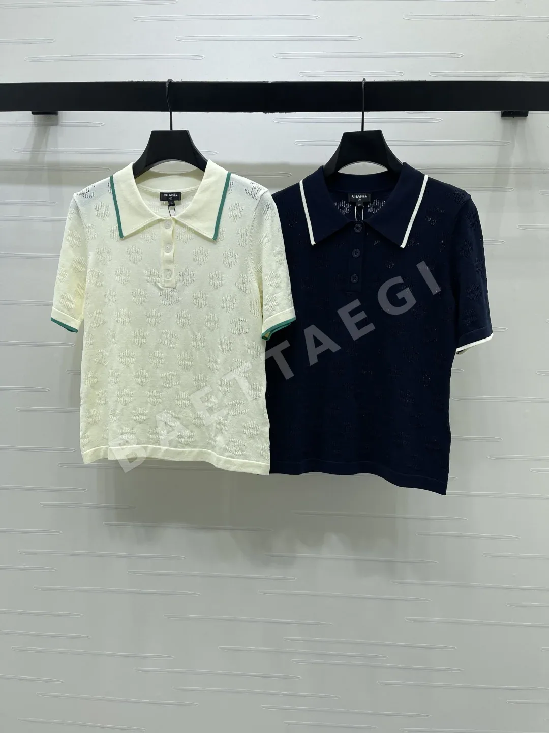 샤넬 실크 울 혼방 카라 여성 니트 반팔톱 103747