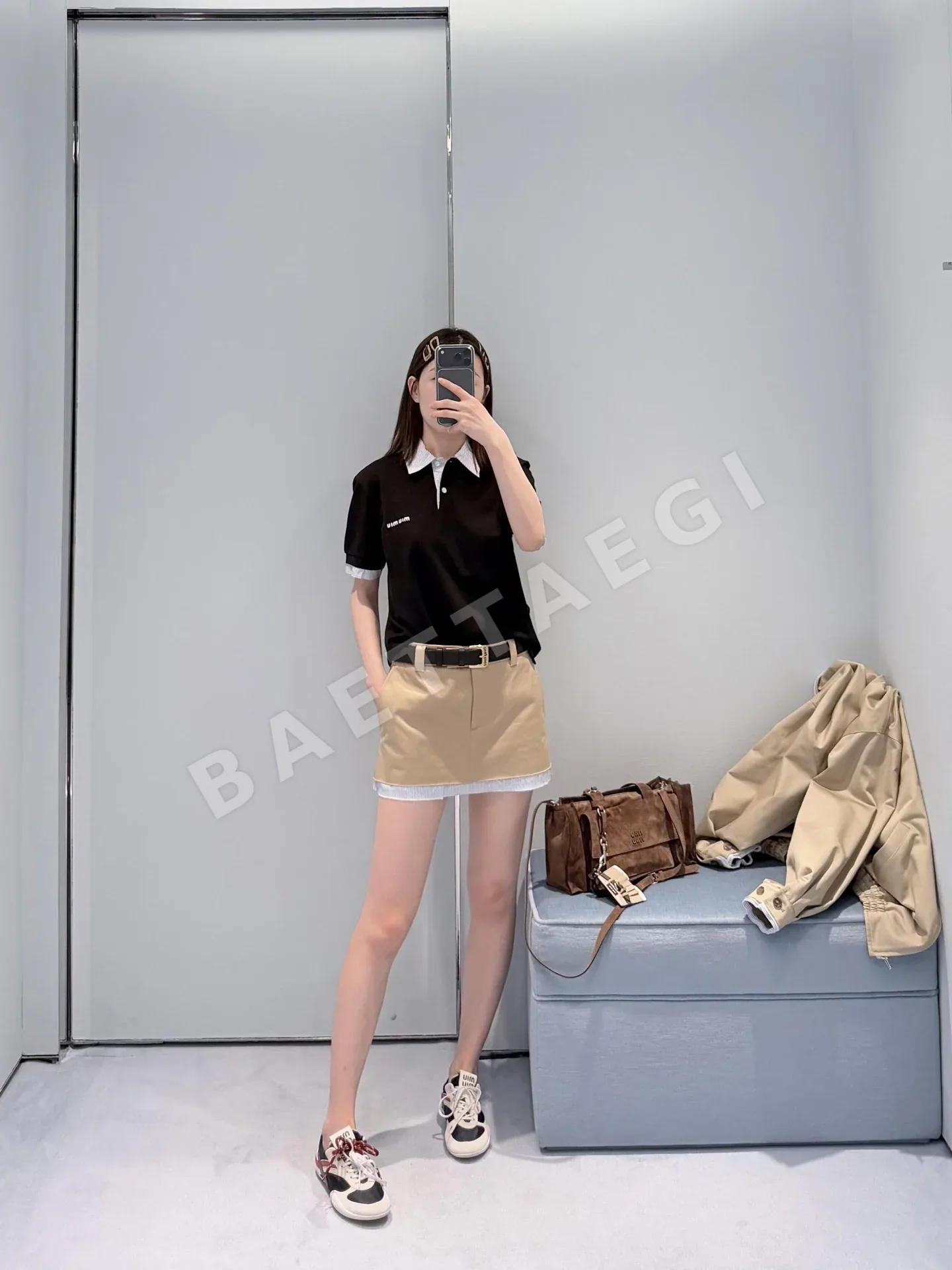 미우미우 컬러블록 카라 반팔 티셔츠 상세 이미지 5