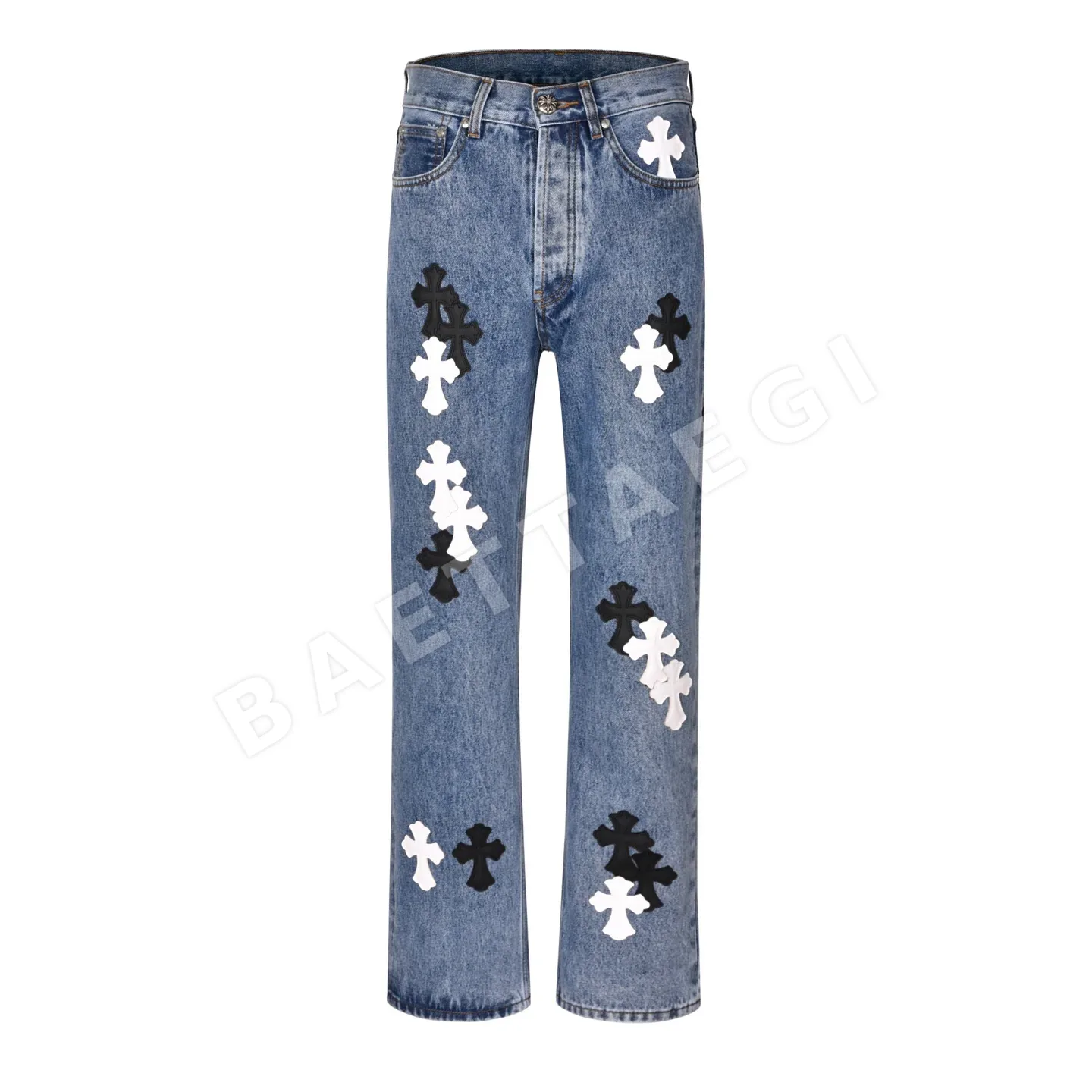 크롬하츠 블랙 앤 화이트 패치워크 가죽 진 남성 바지 P350