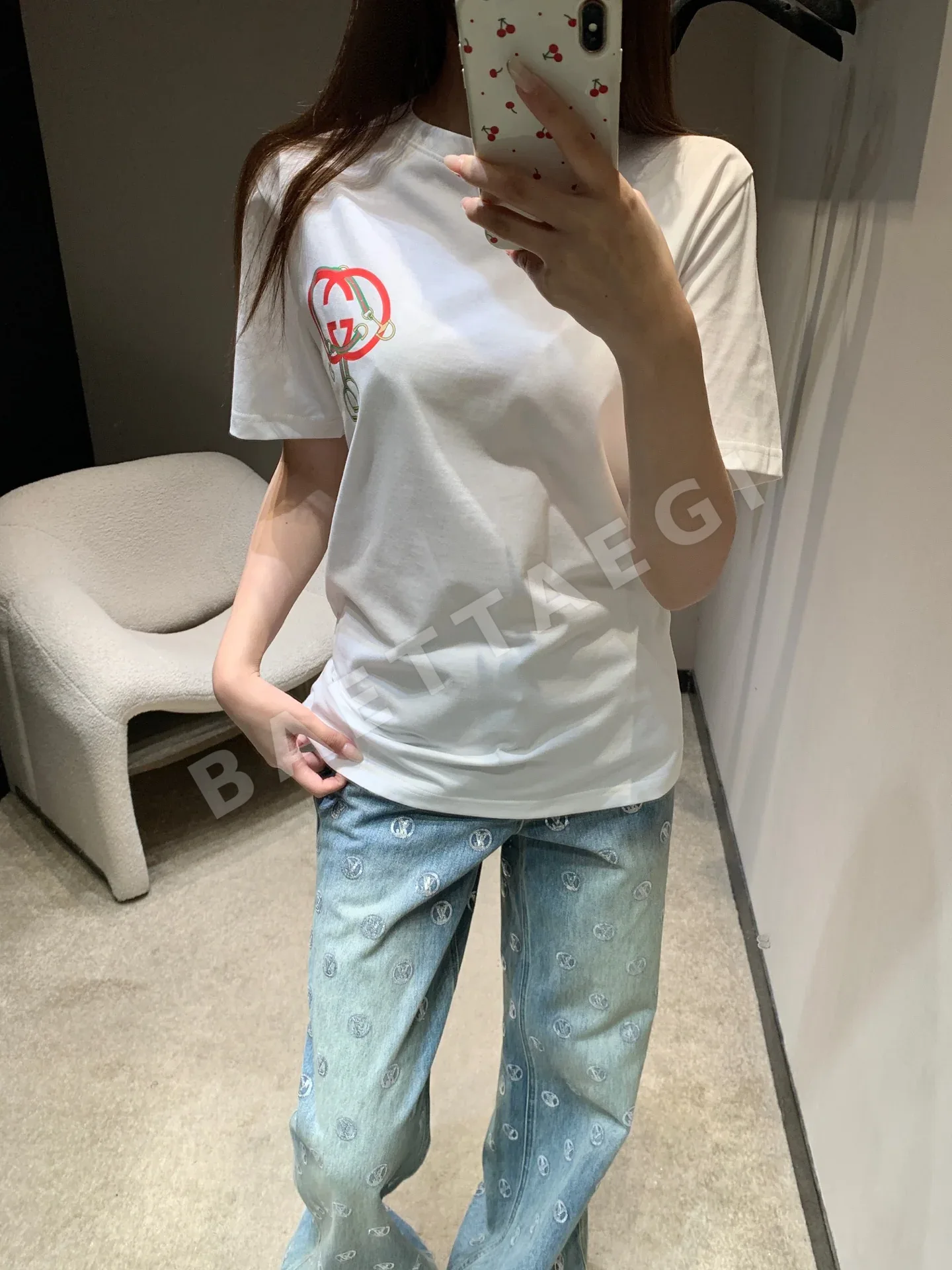 구찌 더블 G 프린트 여성 크루넥 반팔 티셔츠 상세 이미지 8