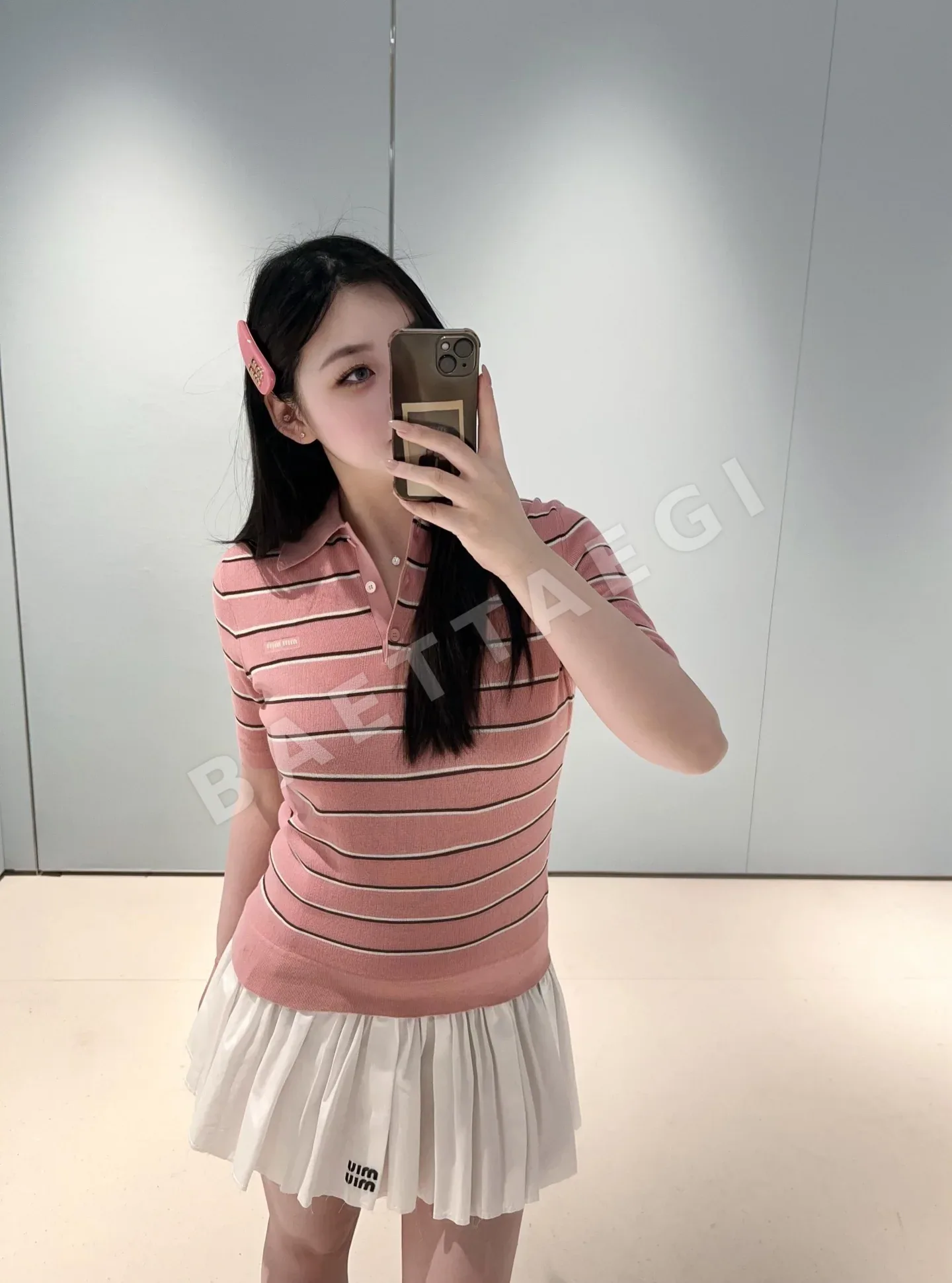 미우미우 컬러 블록 스트라이프 코튼 폴로 반팔 니트 탑 상세 이미지 3