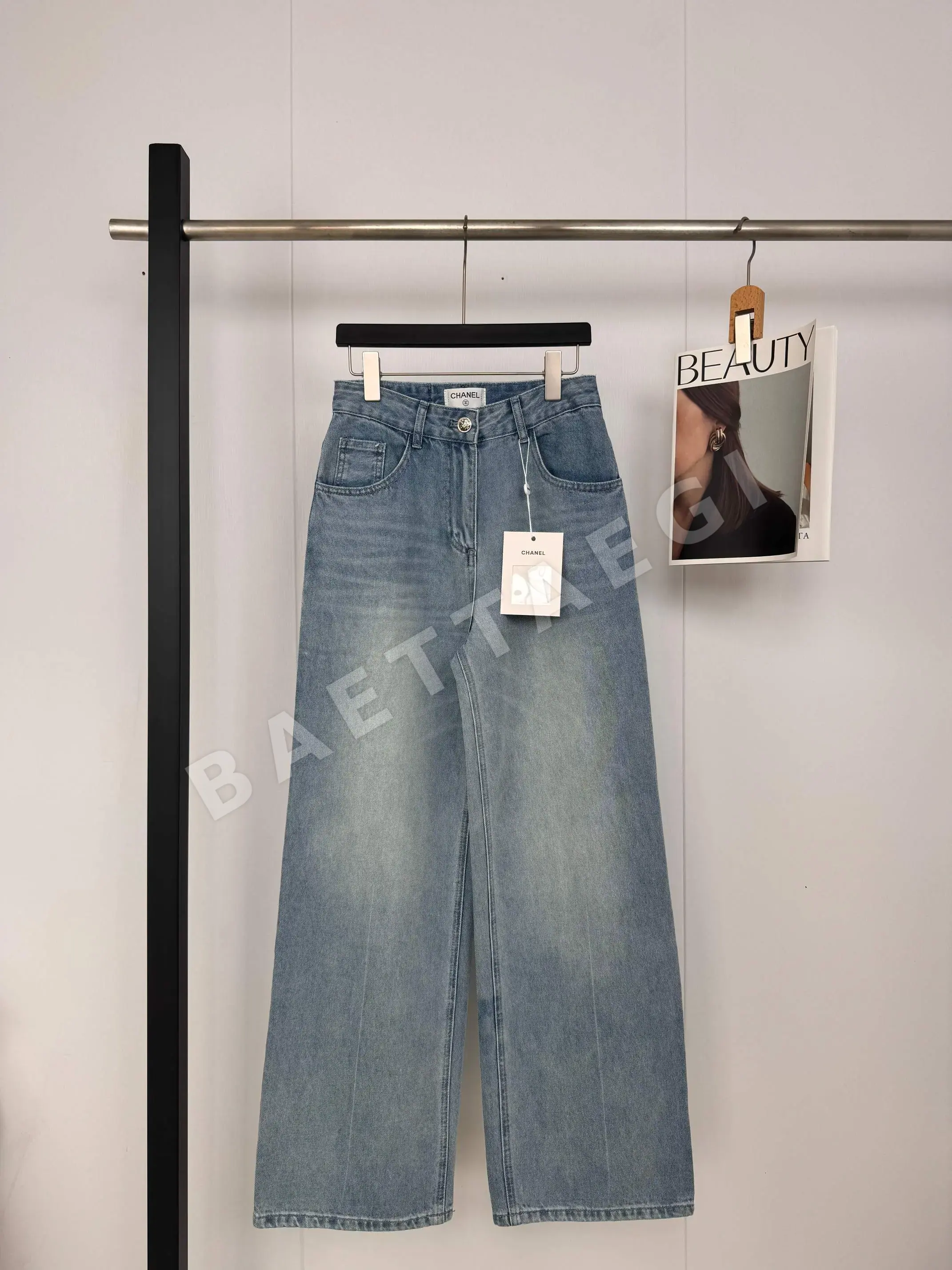 샤넬 데미지 가공 와이드 코튼 데님 바지 182446