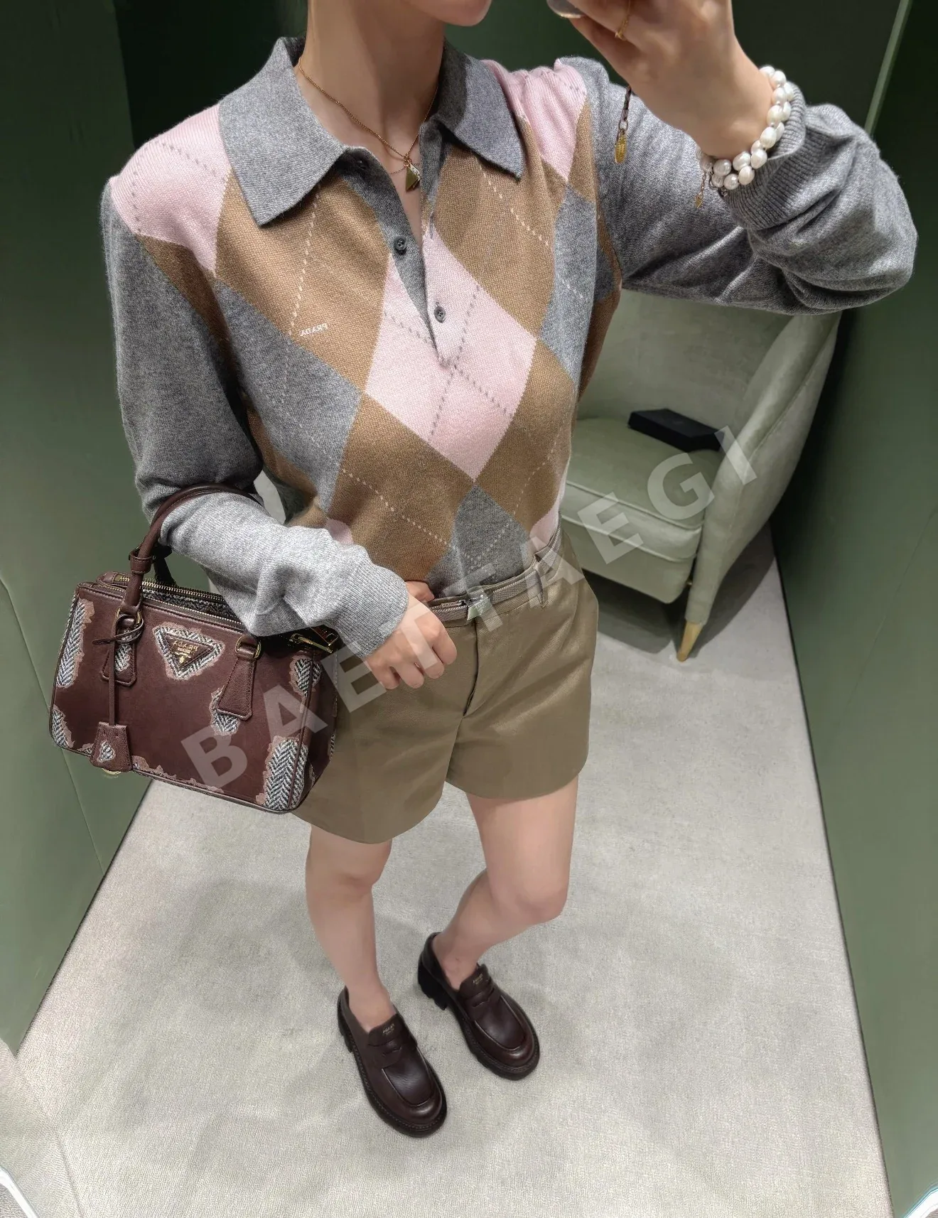 프라다 다이아몬드 패턴 캐시미어 니트 긴팔 톱 상세 이미지 7