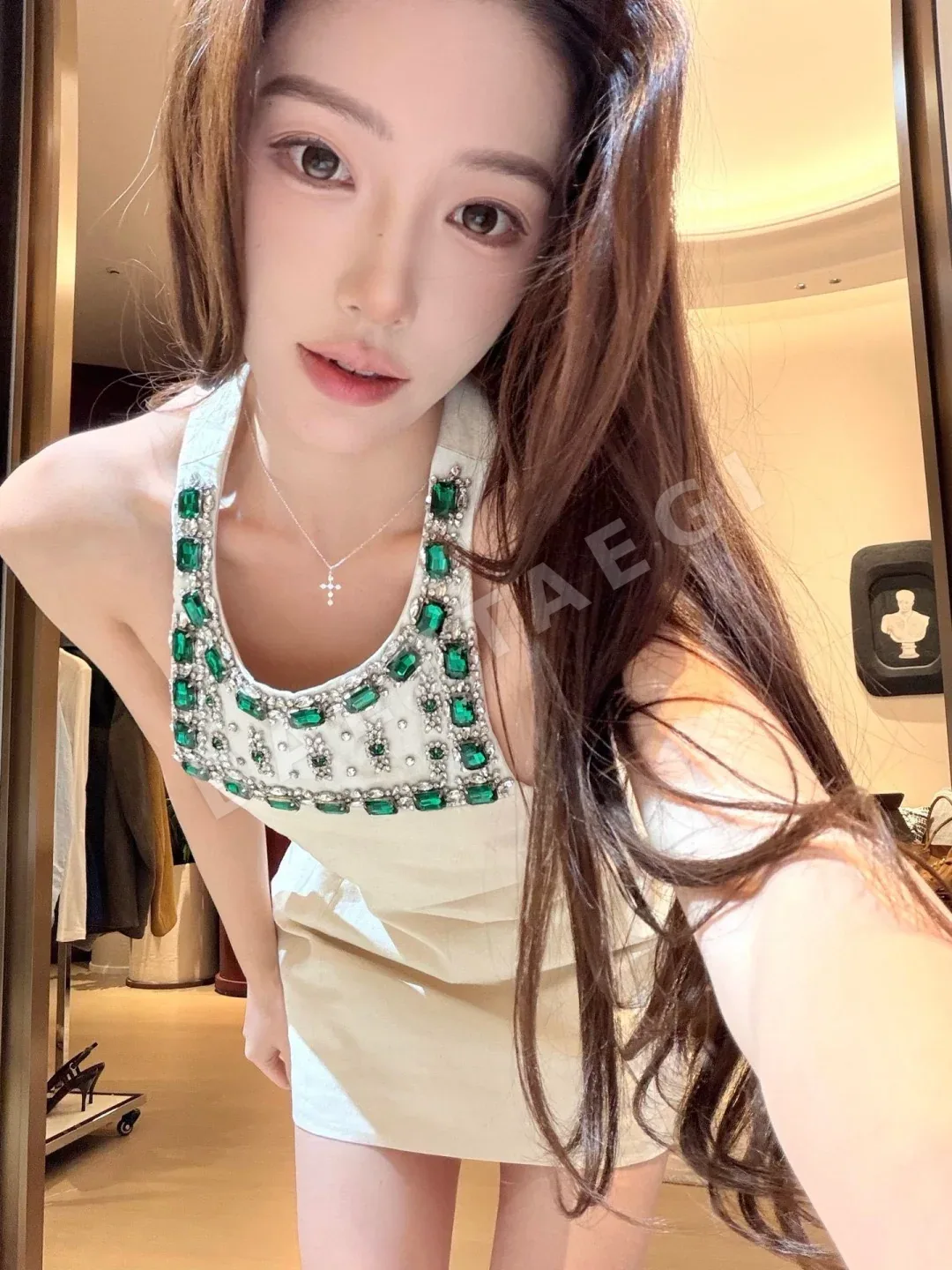 미우미우 라인스톤 장식 홀터넥 면 원피스 상세 이미지 2