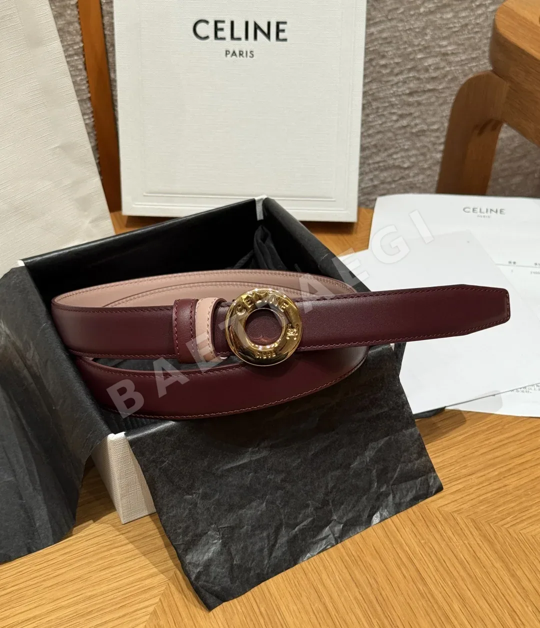 셀린느 JD280-DISC 골드 버클 양면 가죽 벨트 174712