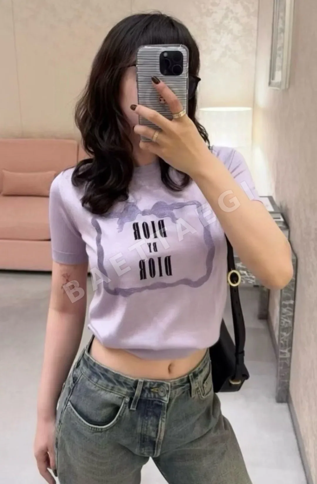 디올 퍼플 자수 크루넥 니트 반팔 탑 상세 이미지 5