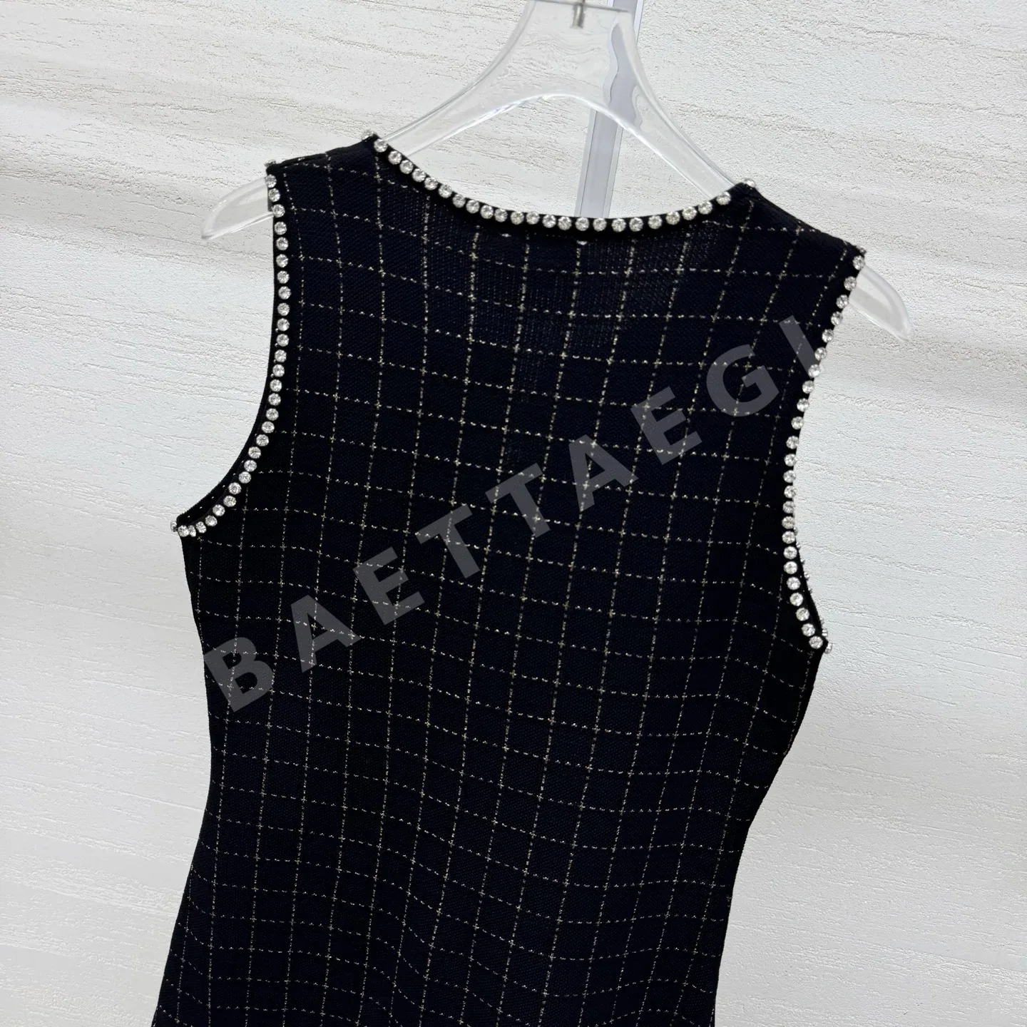 샤넬 체크 리본 브로치 진주 단추 슬리브리스 원피스 상세 이미지 8