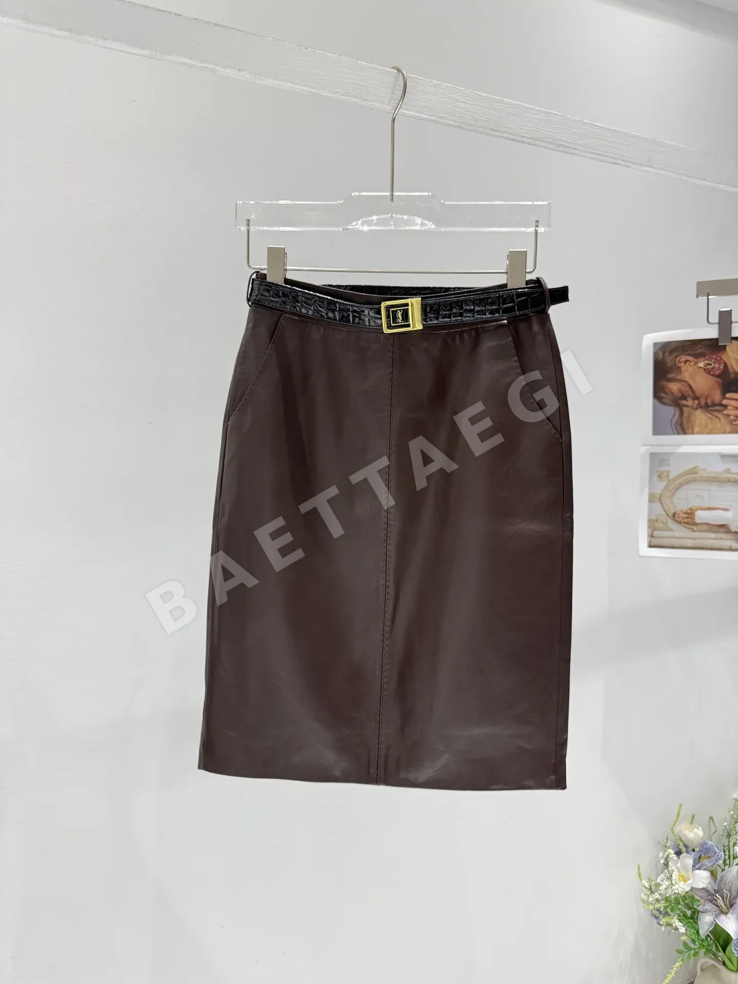생로랑 양가죽 레더 스커트 206758