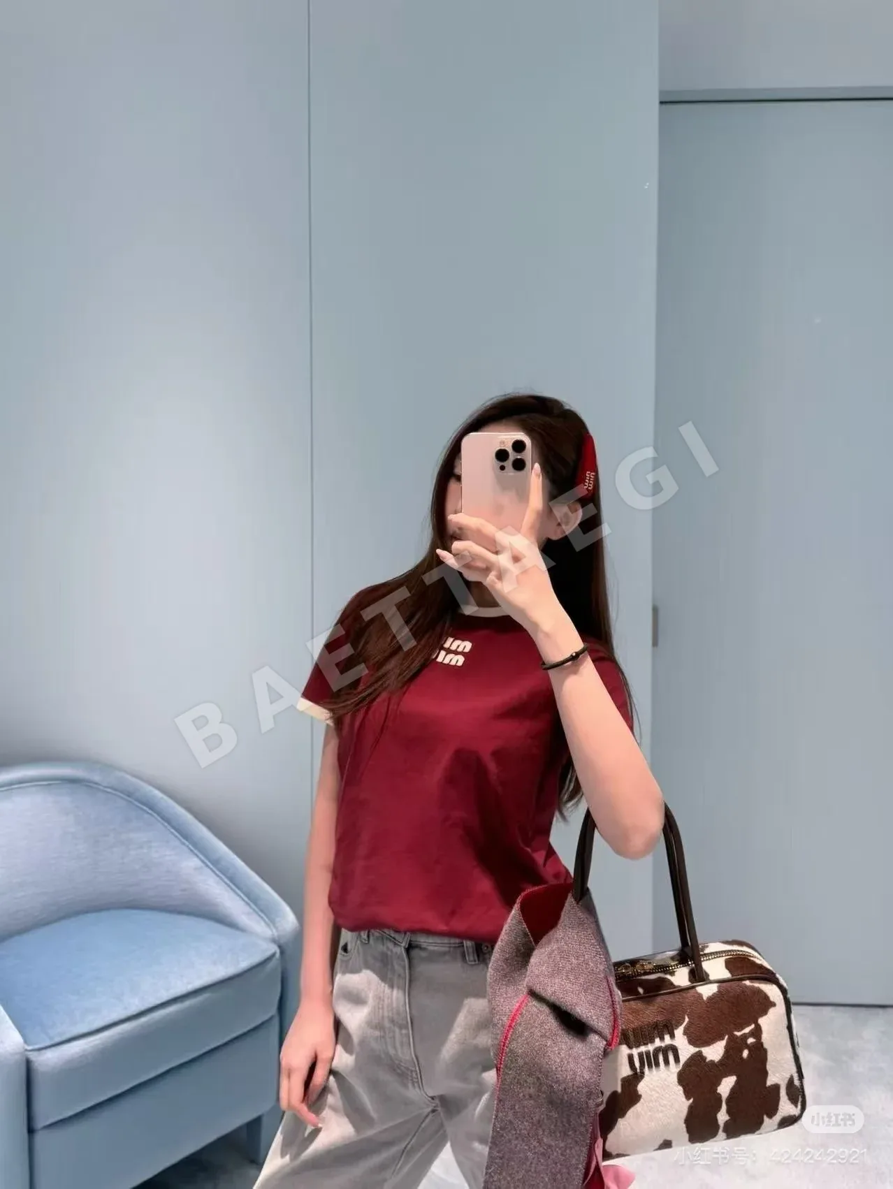 미우미우 컬러 블록 크루넥 코튼 반팔티셔츠 상세 이미지 5