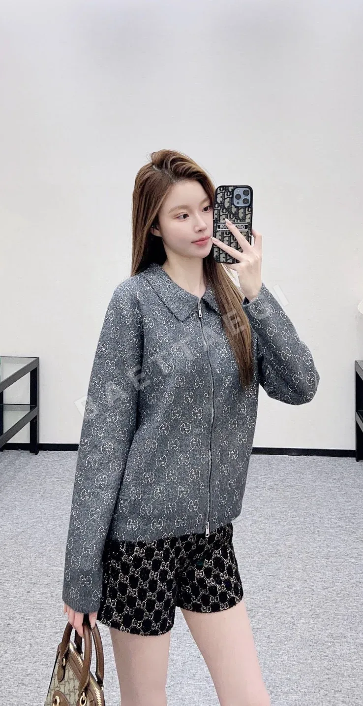구찌 라펠 라인스톤 자카드 니트 가디건 자켓 91623