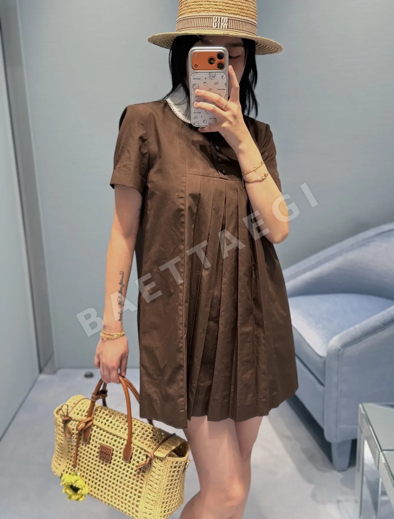 미우미우 피터팬 카라 코튼 반팔 원피스 상세 이미지 3