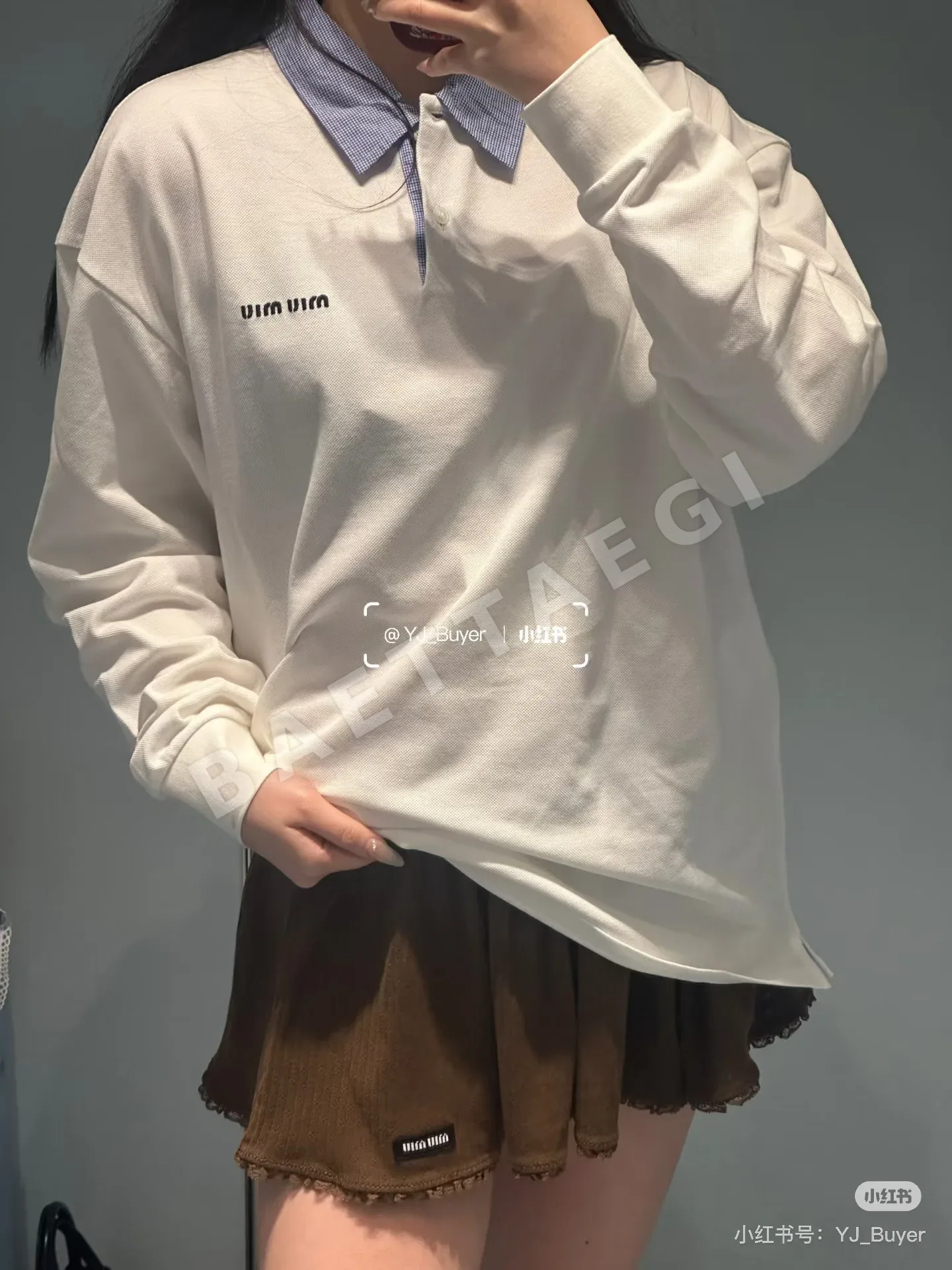 미우미우 체크 패턴 패치워크 긴팔 폴로셔츠 상세 이미지 2