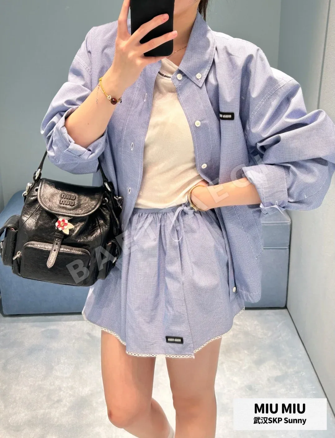 미우미우 블루 체크 코튼 셔츠 재킷 상세 이미지 2