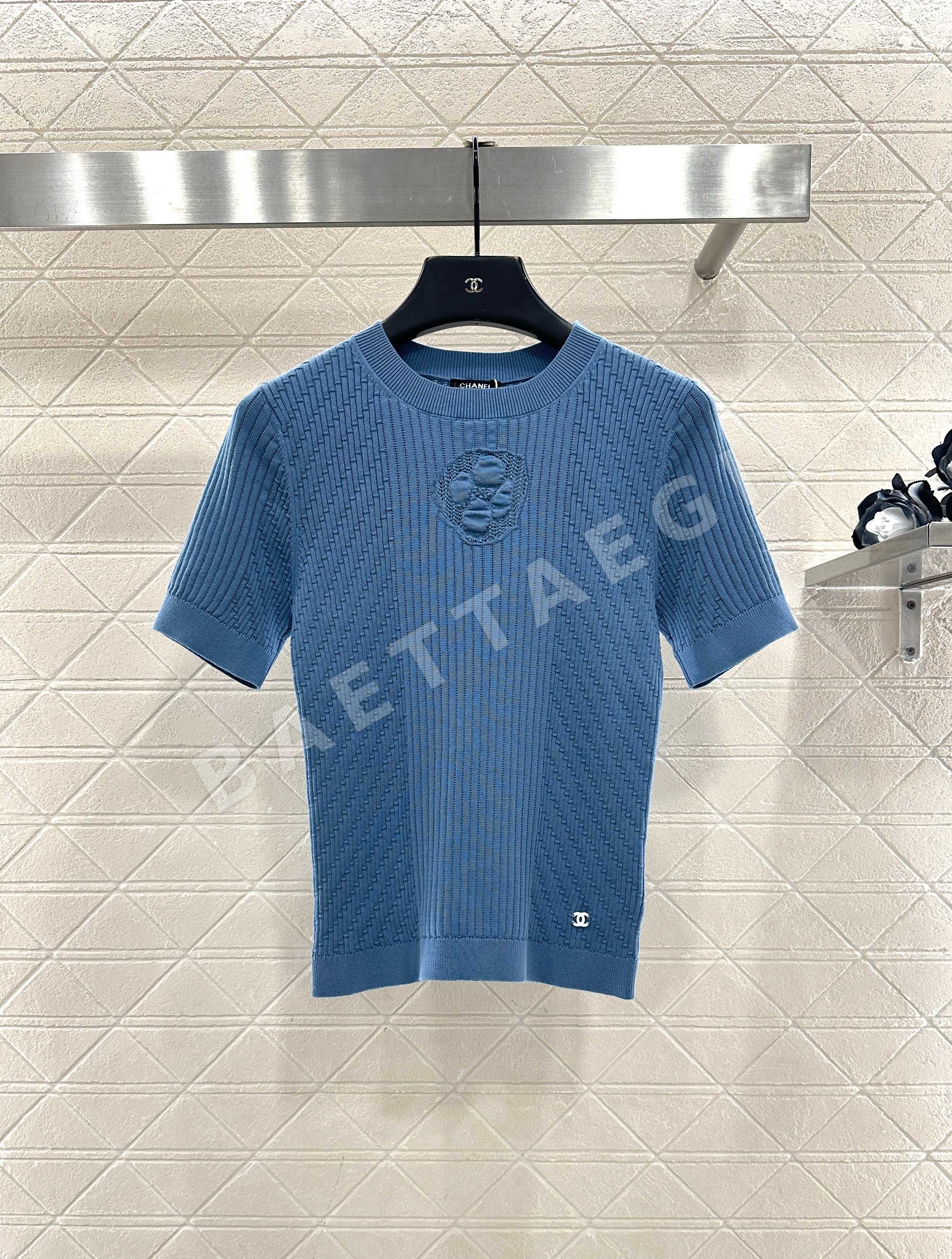 샤넬 까멜리아 장식 여성 반팔 니트 티셔츠 6061 상세 이미지 6