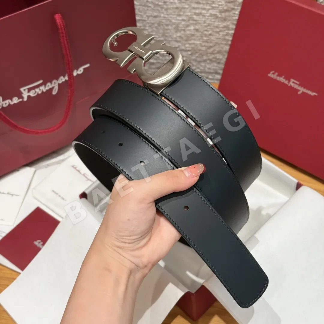 페레가모 간치니 실버 메탈 버클 양면 가죽 벨트 상세 이미지 2