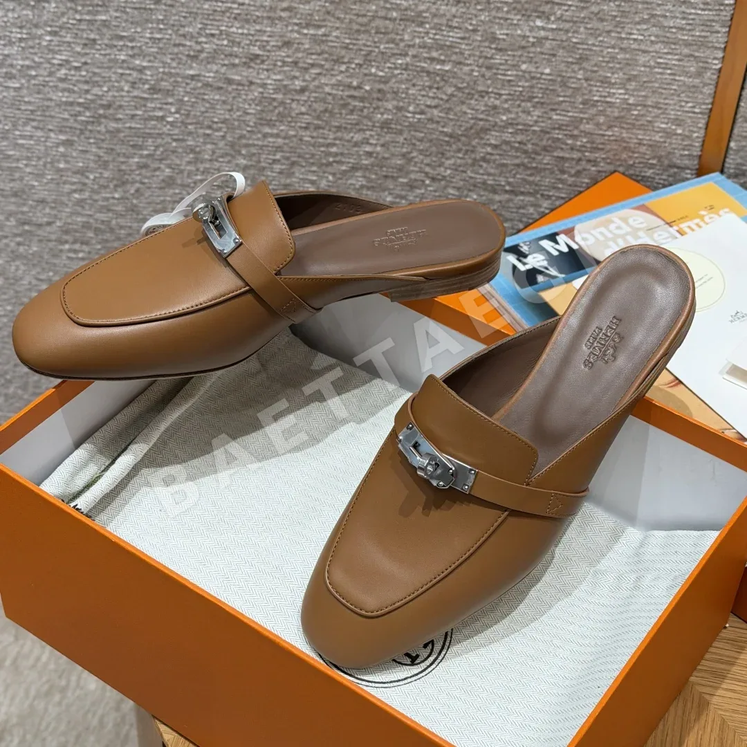 에르메스 이즈 뮬 샌들 골든브라운 염소가죽 실버 버클 상세 이미지 9