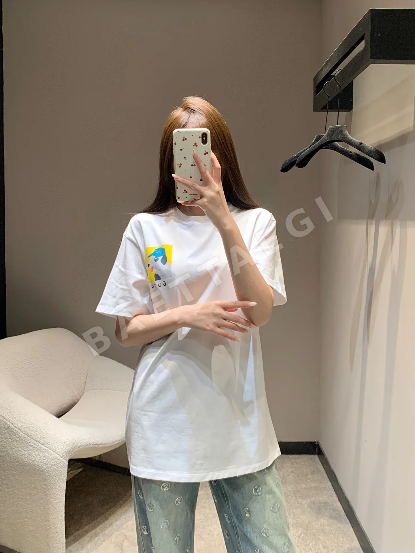 구찌 강아지 프린트 코튼 반팔 티셔츠