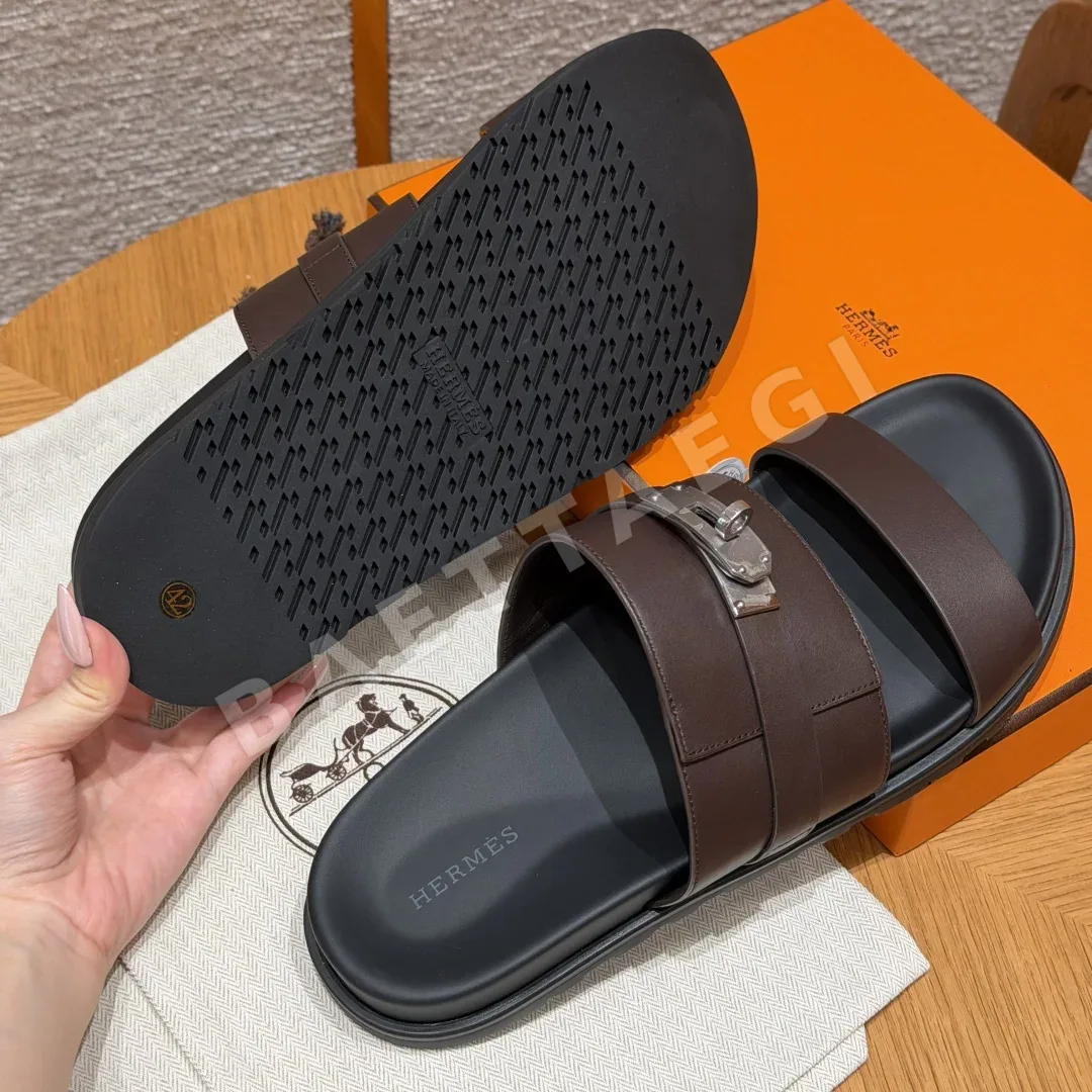 에르메스 잭슨 샌들 에베네 브라운 가죽 실버 버클 상세 이미지 8