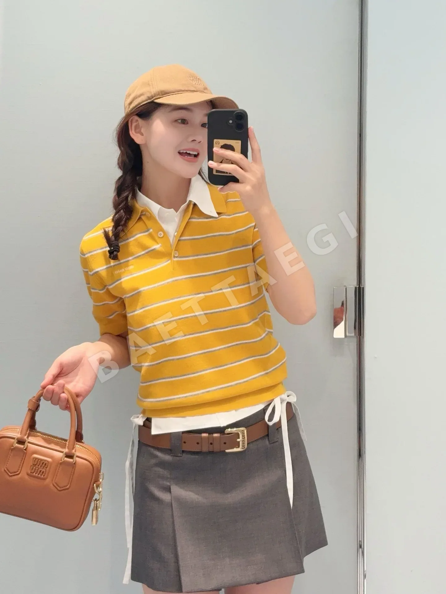 미우미우 컬러 블록 스트라이프 코튼 폴로 반팔 티셔츠 상세 이미지 7