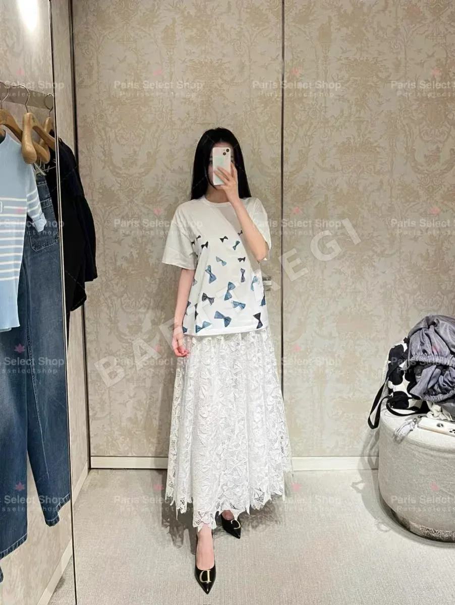 디올 여성 리본 프린트 오버핏 크루넥 반팔 티셔츠 45174
