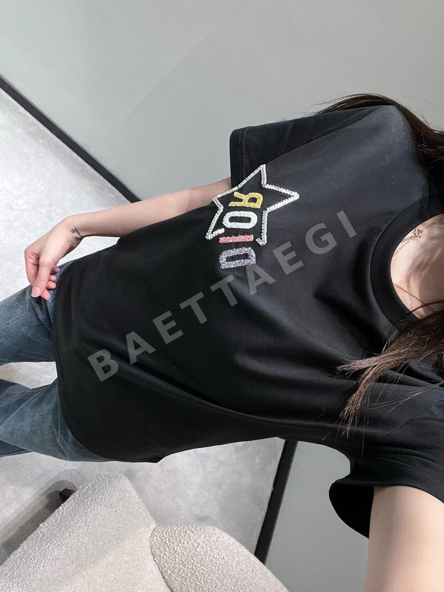 디올 스타 로고 레터 여성 반팔 티셔츠 상세 이미지 5
