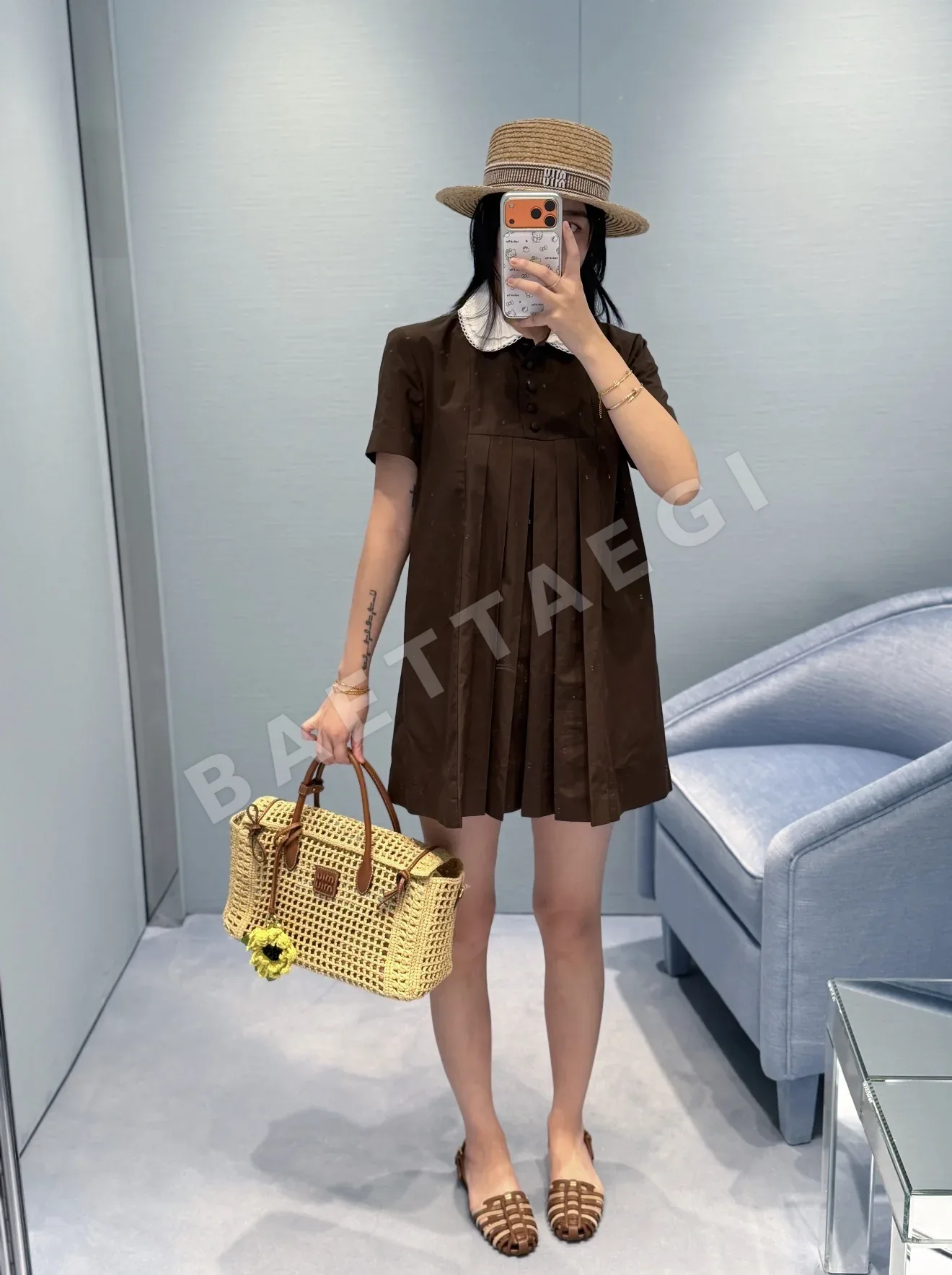 미우미우 피터팬 카라 코튼 반팔 원피스 상세 이미지 2