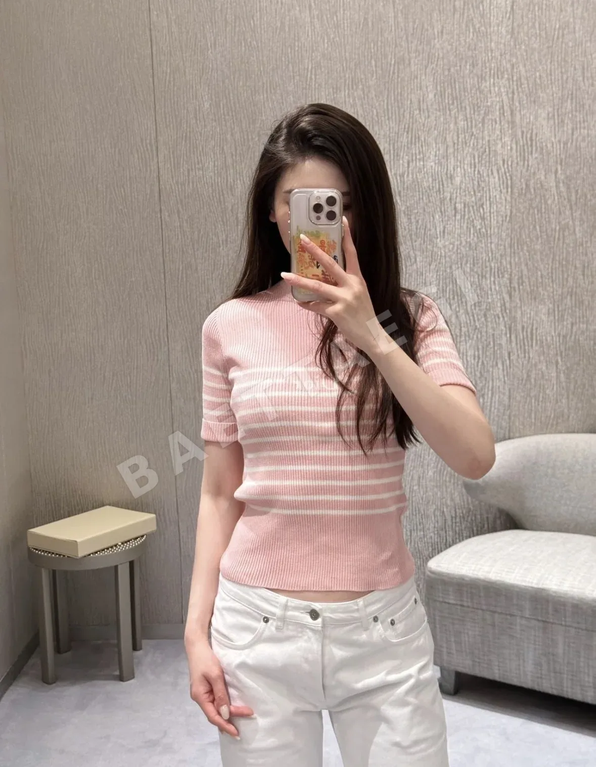 디올 스트라이프 자수 니트 반팔 탑 92739