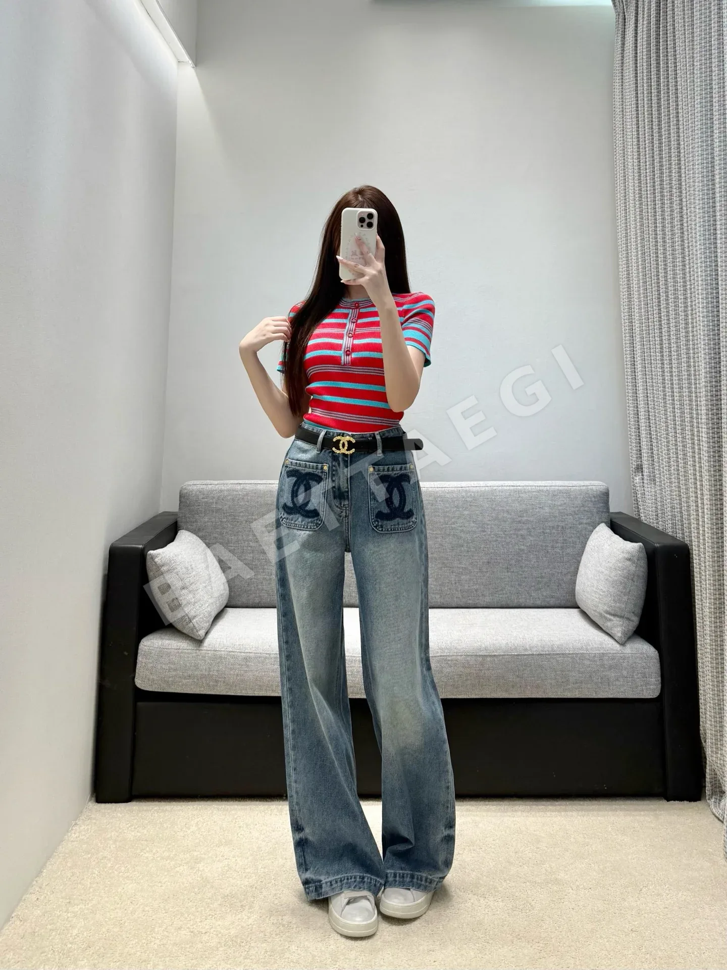 샤넬 투톤 와이드 레그 데님 여성 바지 상세 이미지 2