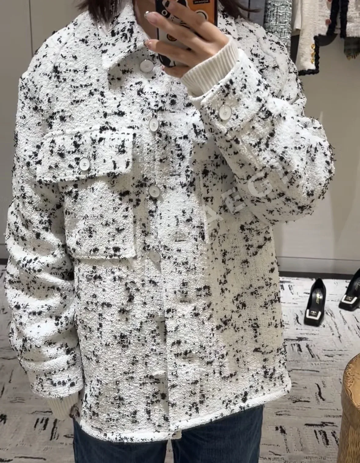 샤넬 흑백 스플래터 트위드 여성 자켓 73883