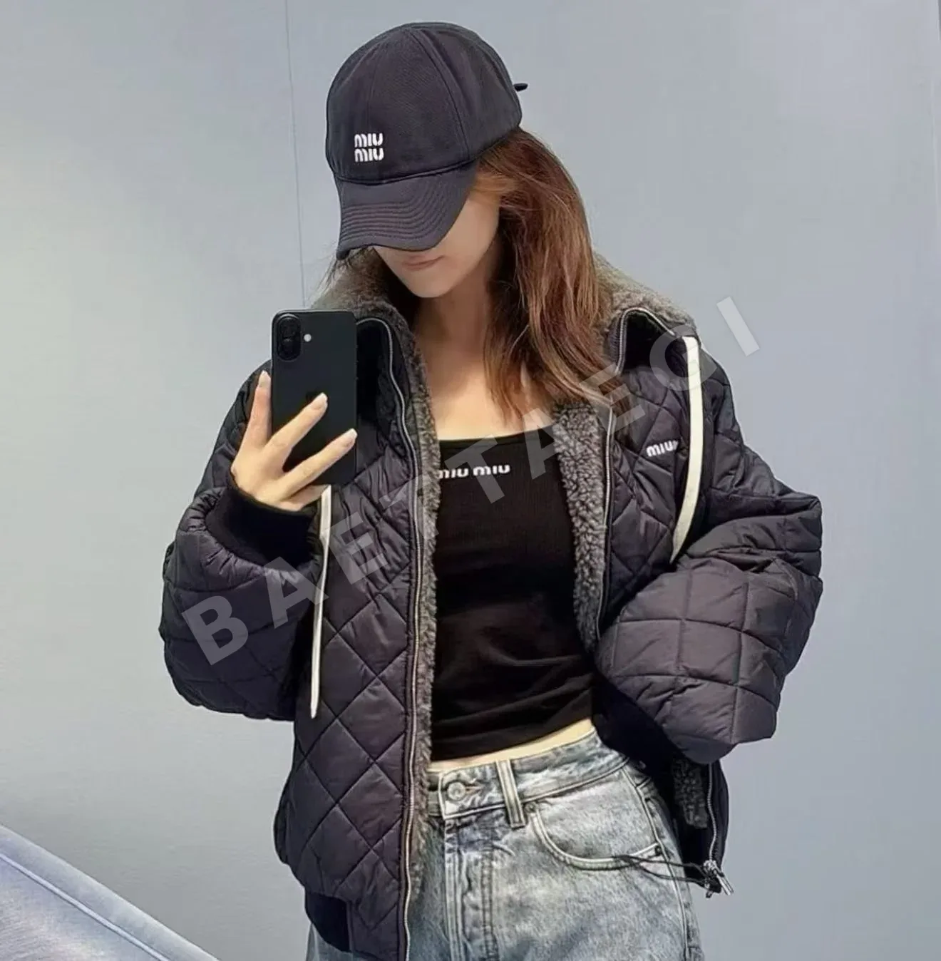 미우미우 다이아몬드 패턴 램 울 카라 자켓 상세 이미지 8