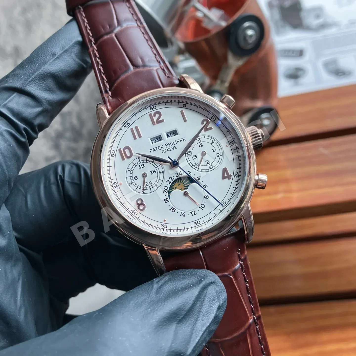 파텍필립 투르비용 드래곤 다이얼 자동 레더스트랩 스틸 레플리카 44145 Patek Philippe
