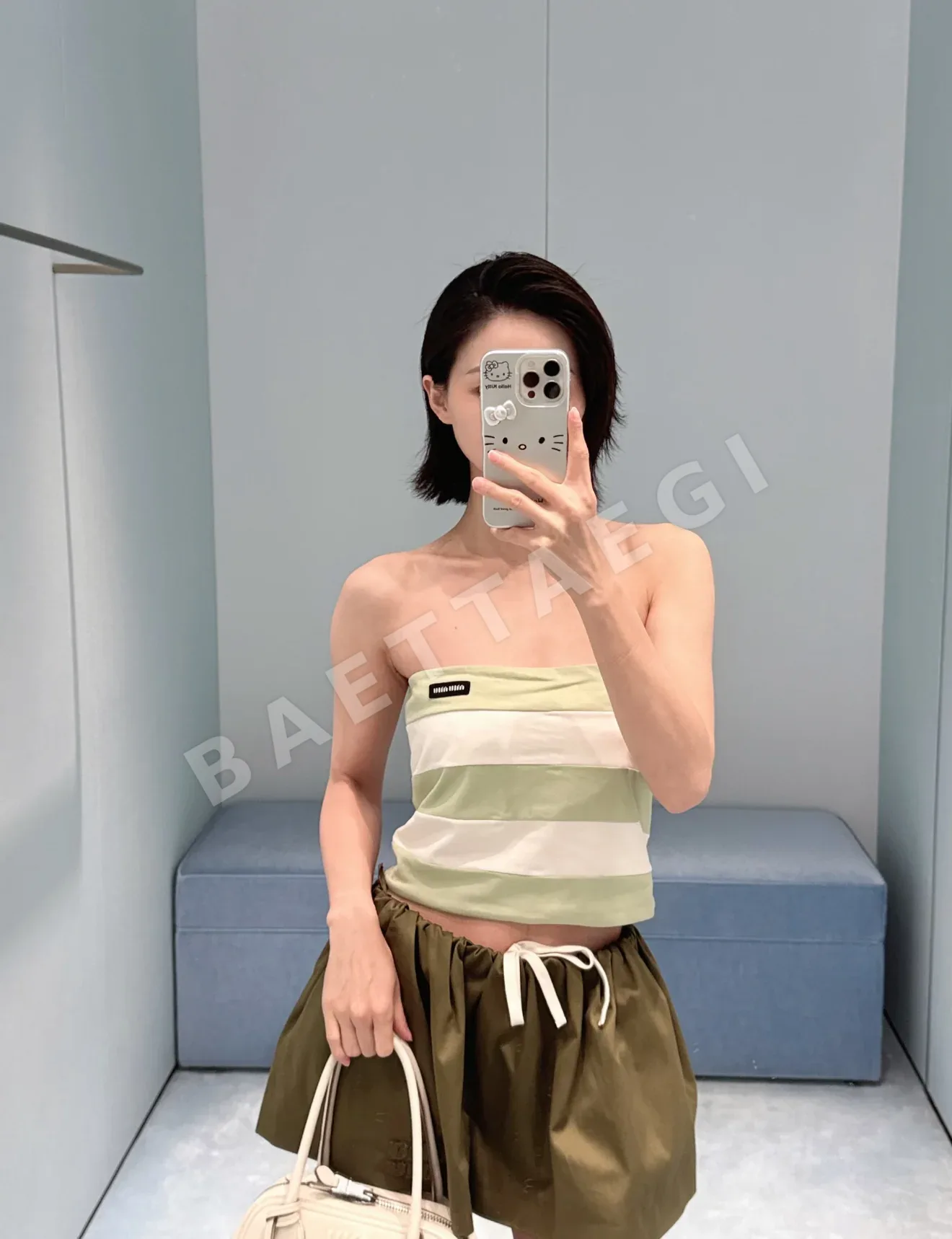 미우미우 스트라이프 코튼 반팔 탑 상세 이미지 8