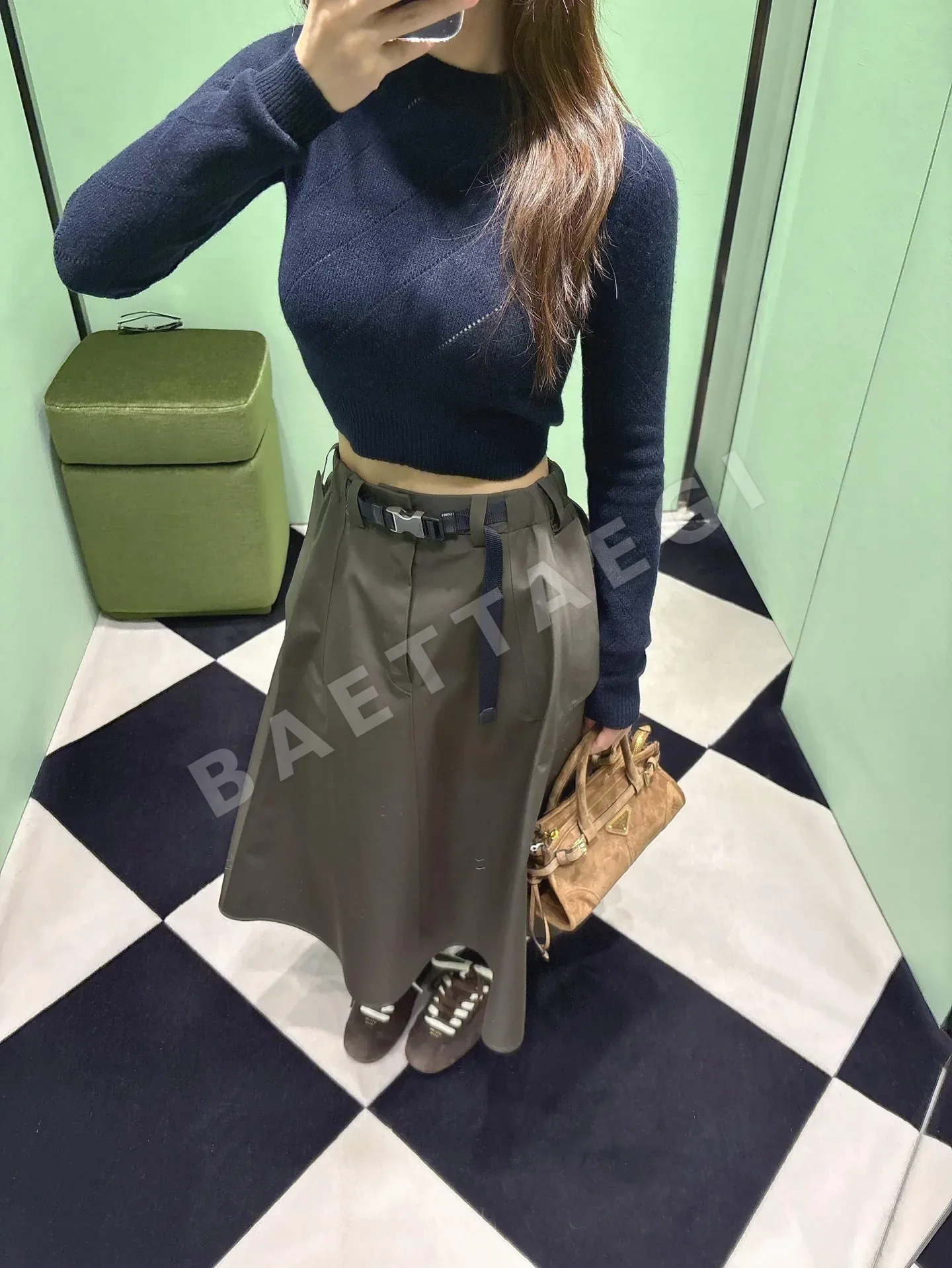 프라다 브라운 벨트 나일론 포켓 스커트 상세 이미지 7