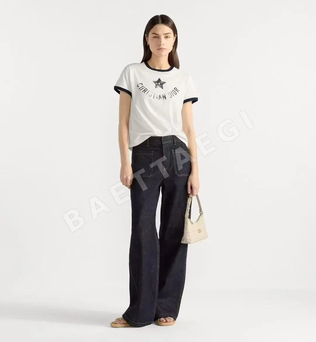 디올 오각별 프린트 카라 블록 크루넥 반팔 티셔츠