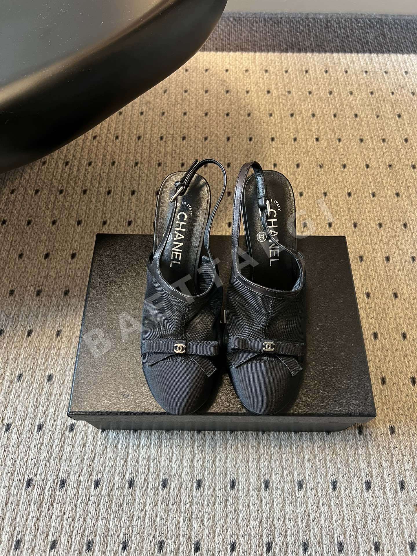 샤넬 메시 리본 백 스트랩 하이힐 샌들 24387