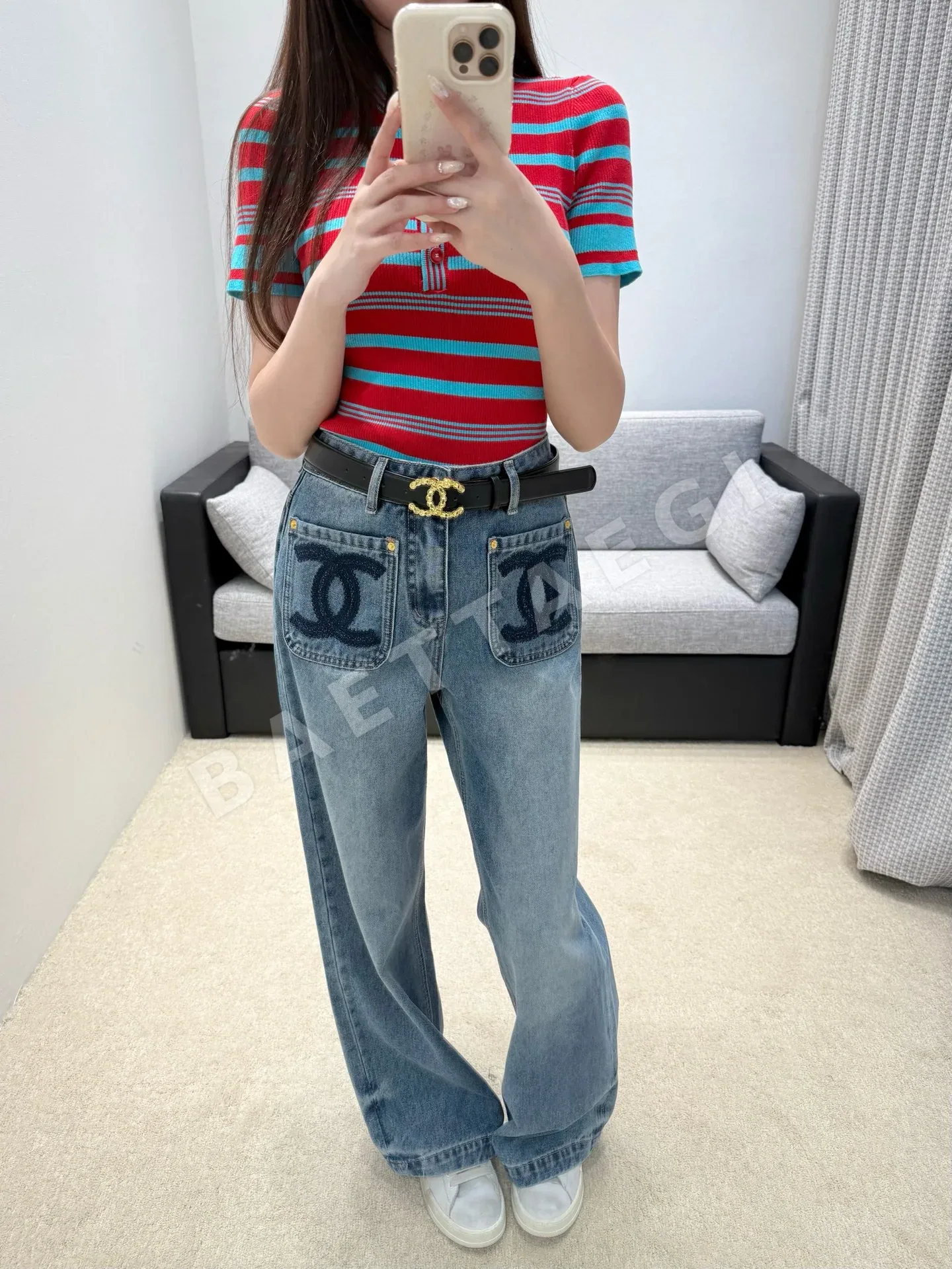 샤넬 투톤 와이드 레그 데님 여성 바지 상세 이미지 5