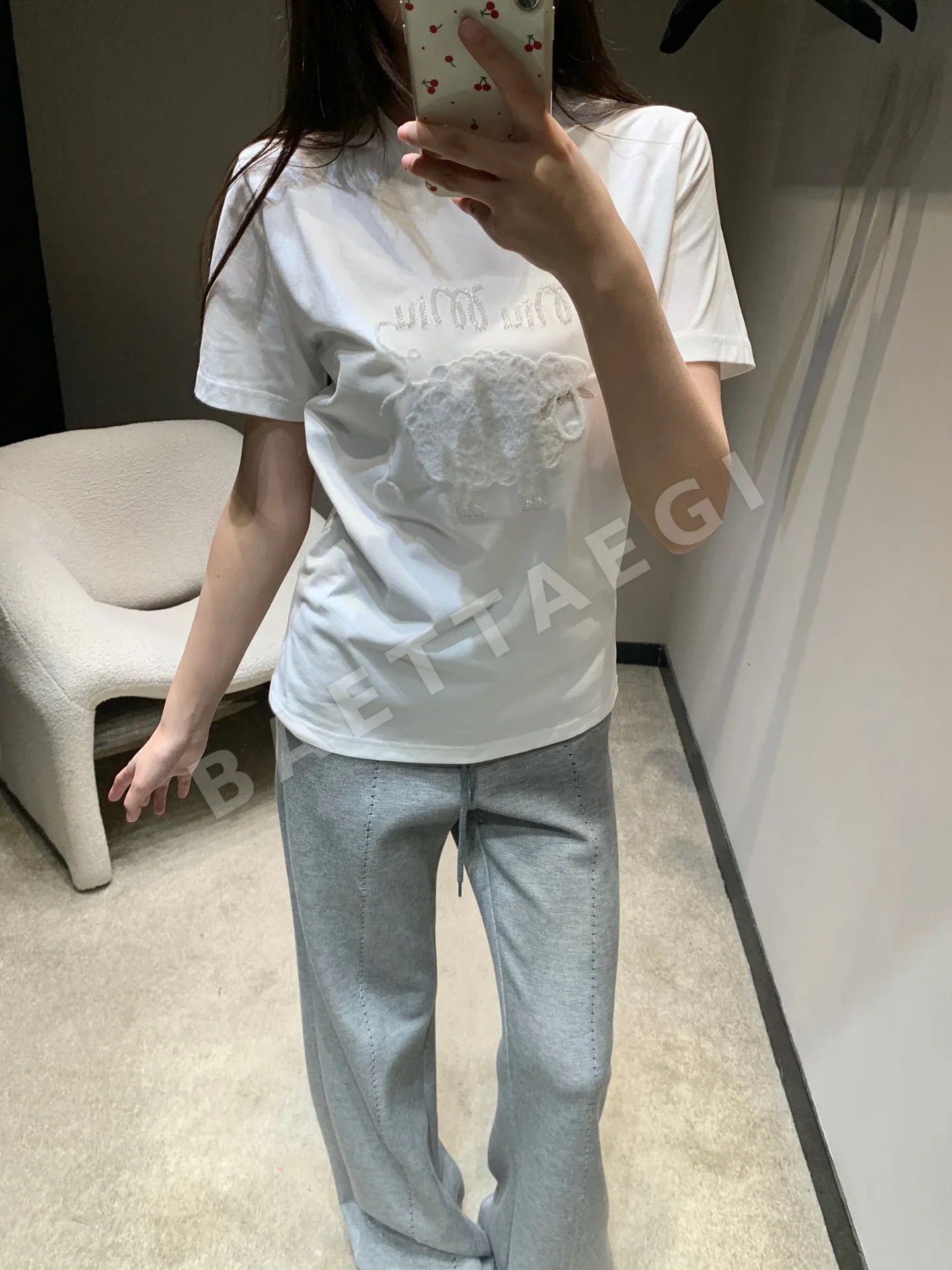미우미우 레터 자수 반팔 티셔츠 상세 이미지 2