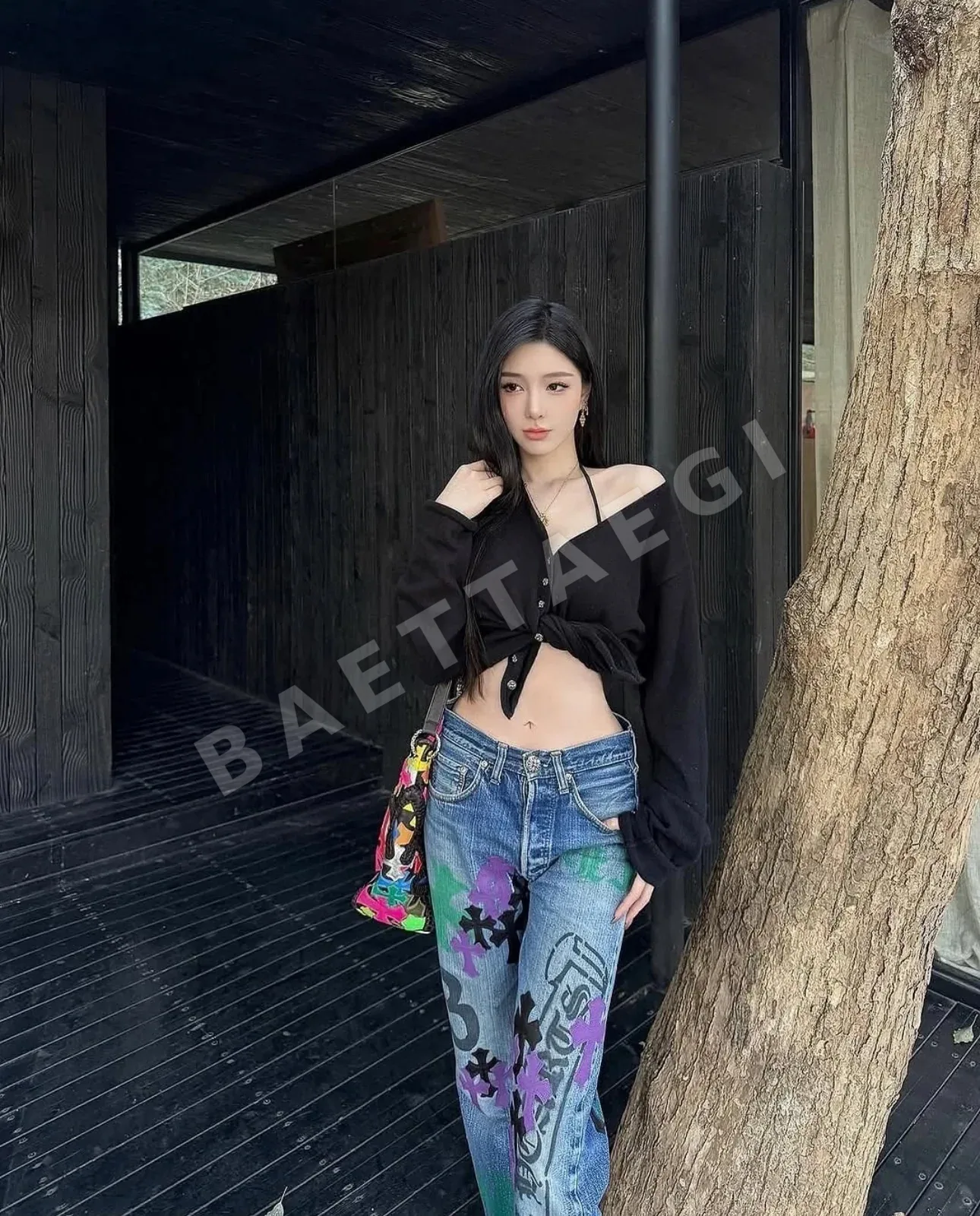 크롬하츠 그린 프린트 데님 남성 바지 상세 이미지 4