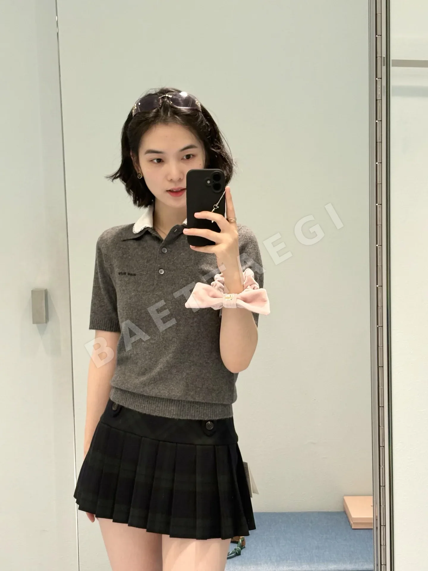 미우미우 컬러 블록 캐시미어 반팔 폴로셔츠