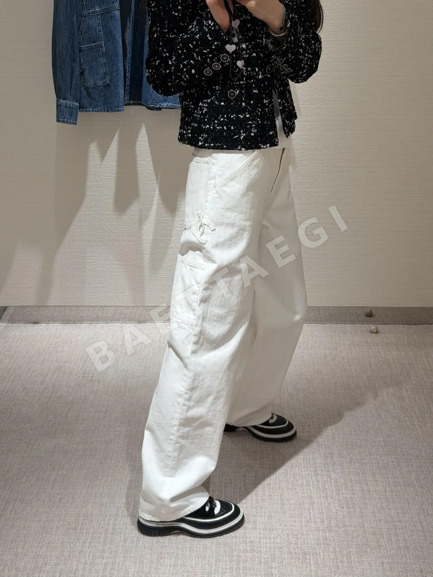 샤넬 더블 C 링 버클 하이웨이스트 와이드 데님 바지 104154