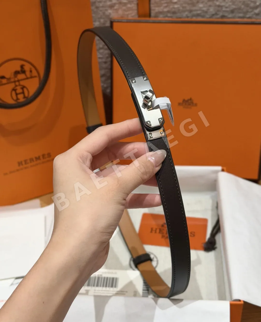 에르메스 켈리 팔라듐 버클 헌터 가죽 벨트 상세 이미지 5