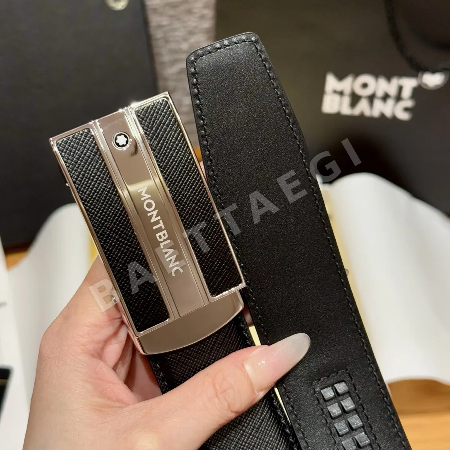 몽블랑 자동 버클 가죽 남성 벨트 상세 이미지 5