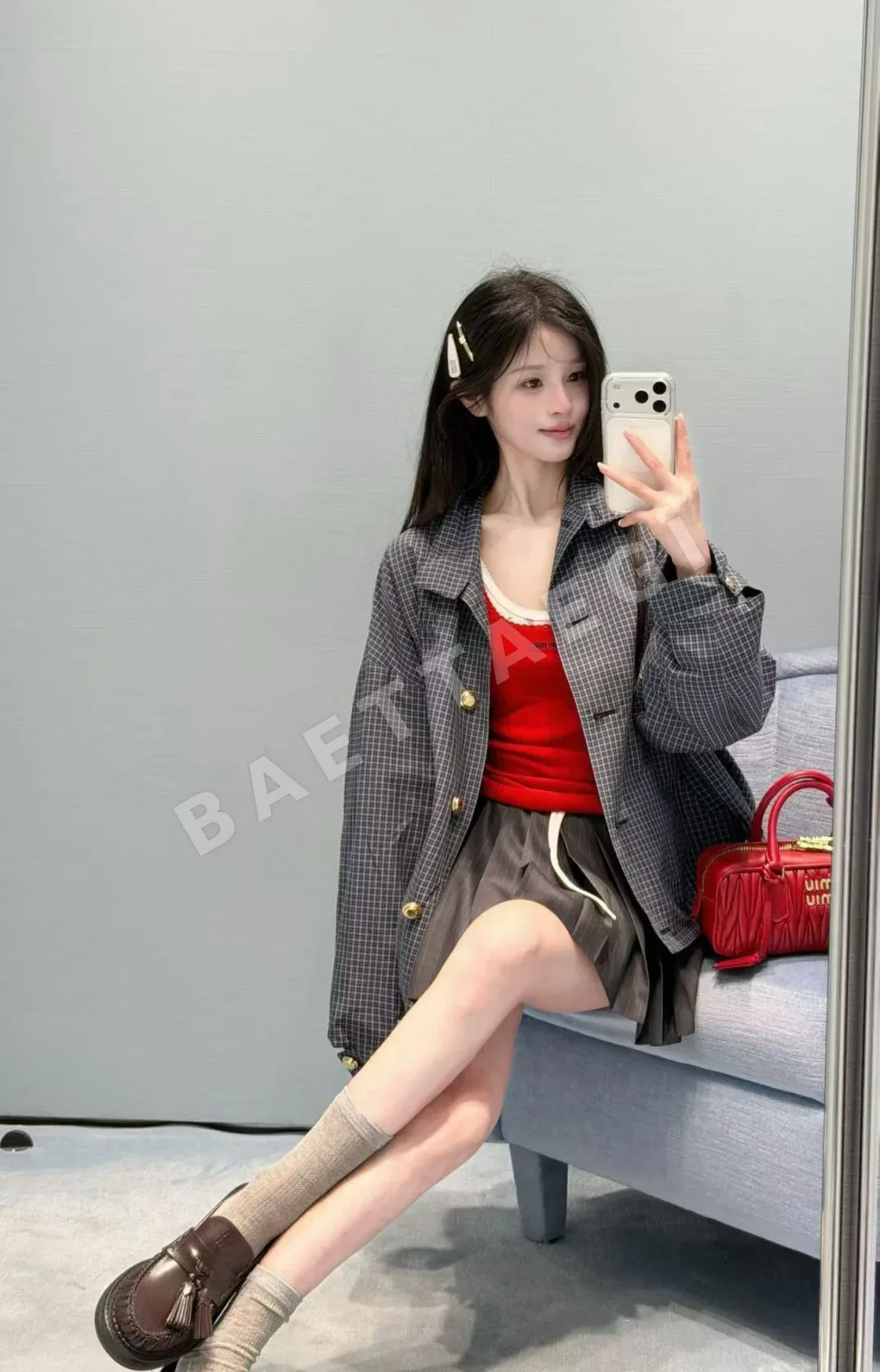 미우미우 업리케 자수 체크 금장 버튼 자켓 상세 이미지 2
