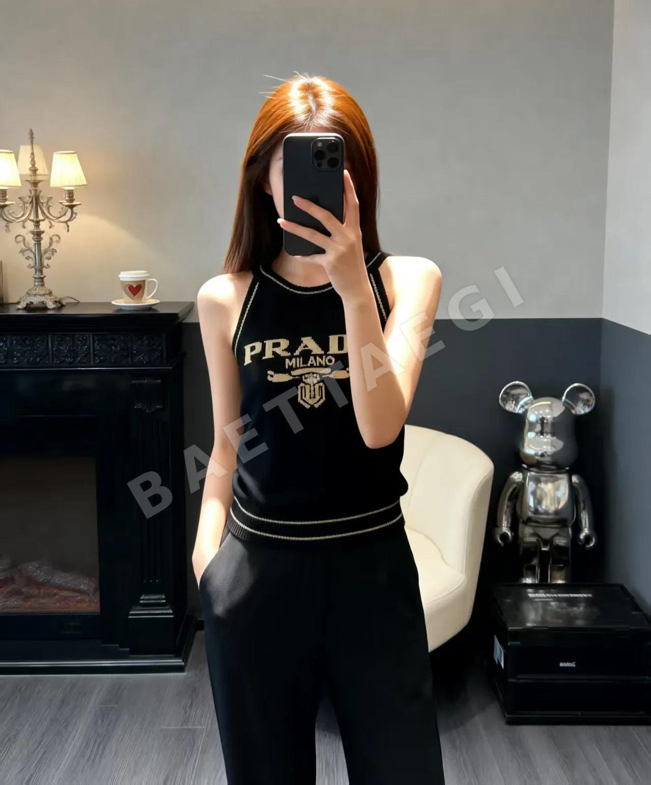 프라다 자카드 레터 슬림핏 니트 반팔 탑