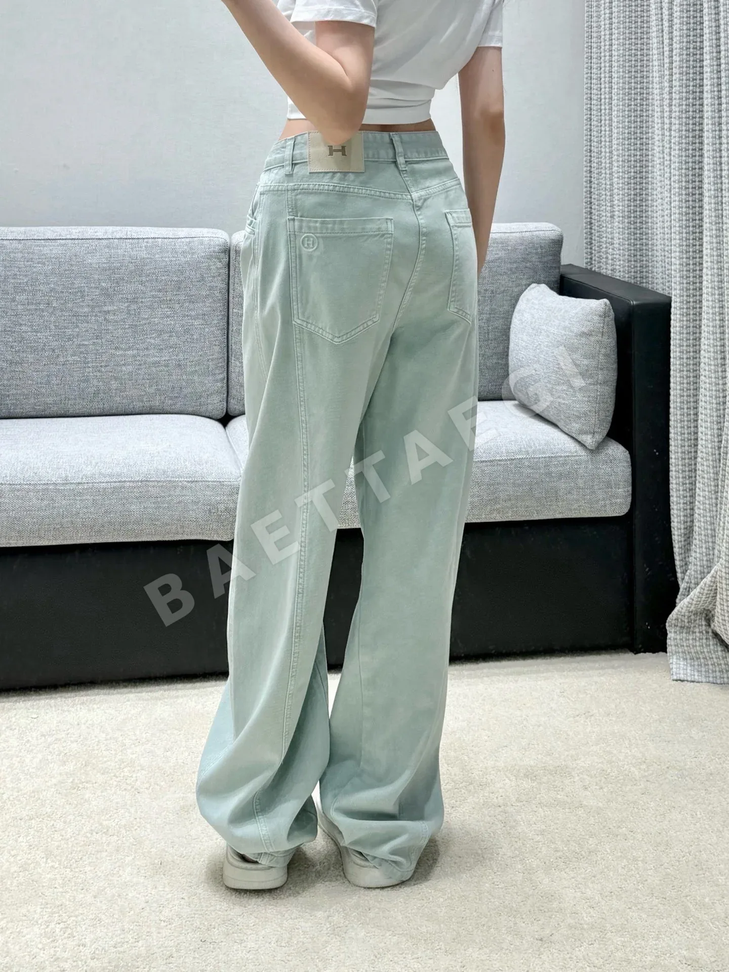 에르메스 민트 그린 하이웨이스트 와이드 레그 여성 바지 상세 이미지 3