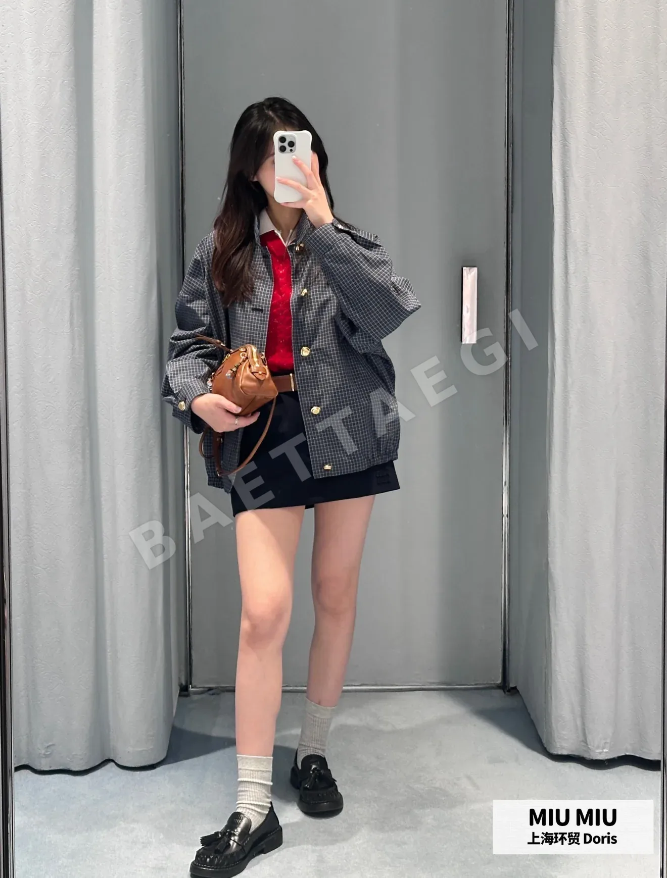 미우미우 업리케 자수 체크 금장 버튼 자켓 상세 이미지 13