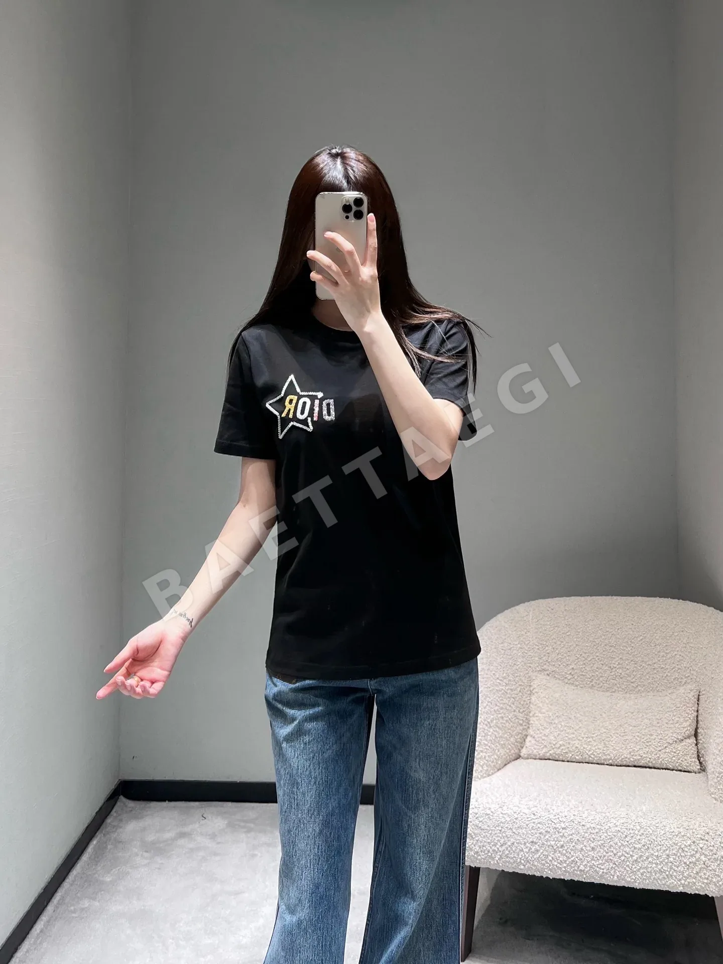 디올 스타 로고 레터 여성 반팔 티셔츠