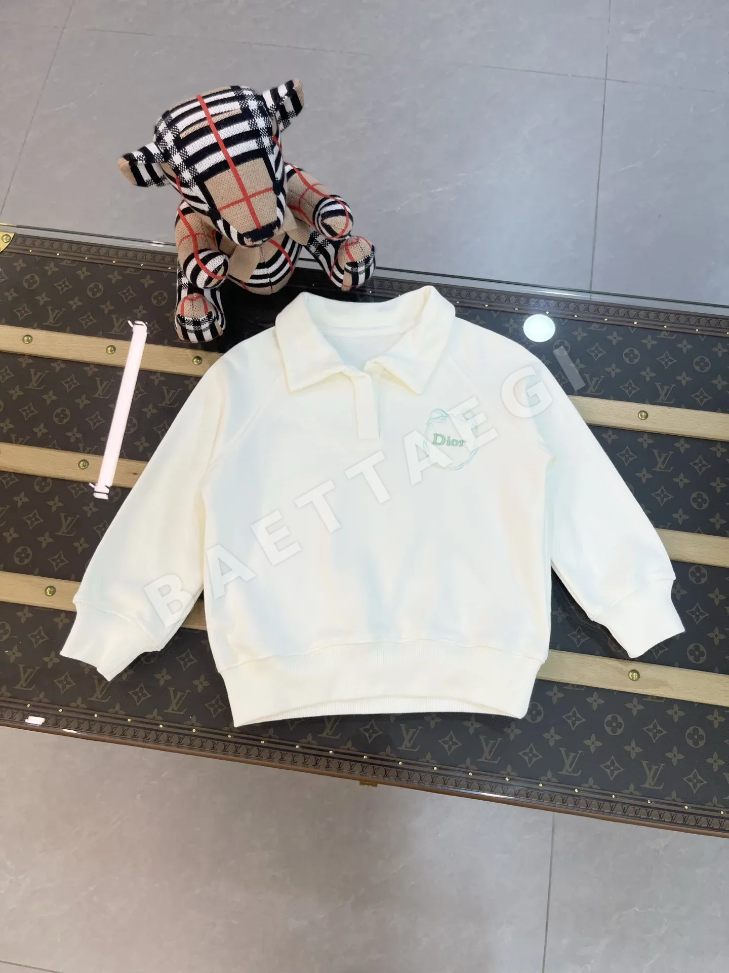 디올 키즈 프린트 자수 코튼 스웨트셔츠 세트 베이지 380G 상세 이미지 2